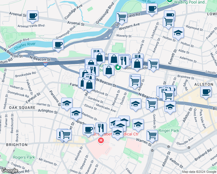 map of restaurants, bars, coffee shops, grocery stores, and more near 160 North Beacon Street in Boston