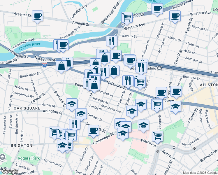 map of restaurants, bars, coffee shops, grocery stores, and more near 9 Glencoe Street in Boston