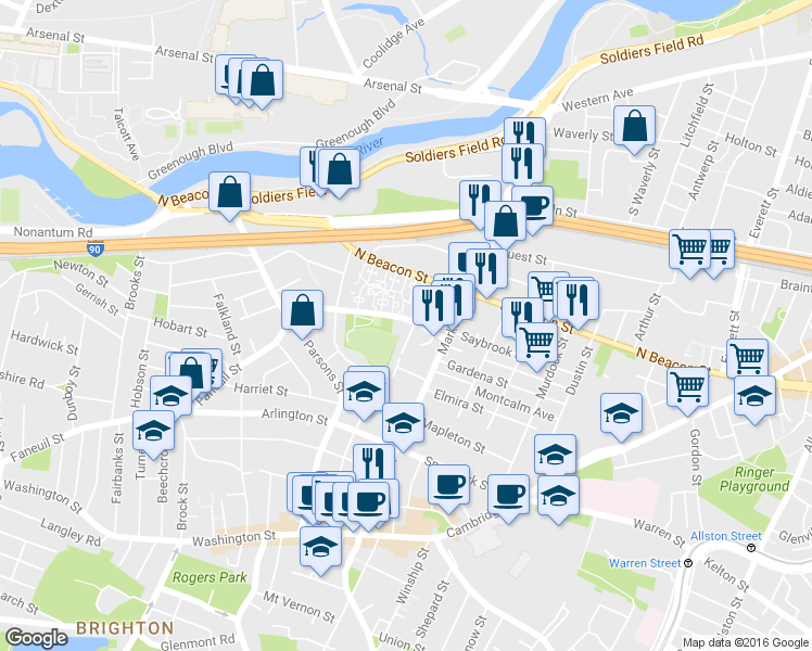 map of restaurants, bars, coffee shops, grocery stores, and more near 27 Faneuil Street in Boston