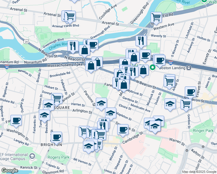 map of restaurants, bars, coffee shops, grocery stores, and more near 51 Faneuil Street in Boston