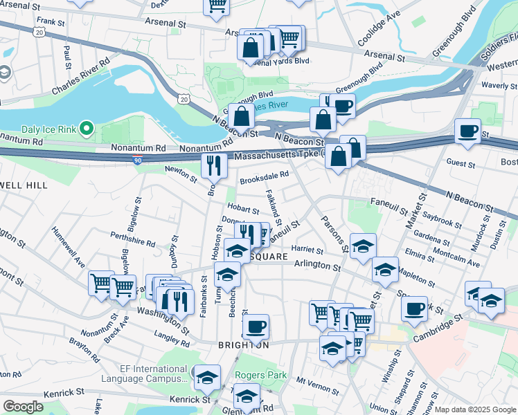 map of restaurants, bars, coffee shops, grocery stores, and more near 20 Corinne Road in Boston