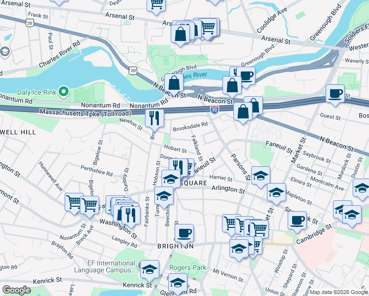 map of restaurants, bars, coffee shops, grocery stores, and more near 20 Corinne Road in Boston