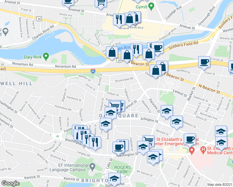 map of restaurants, bars, coffee shops, grocery stores, and more near 20 Corinne Road in Boston