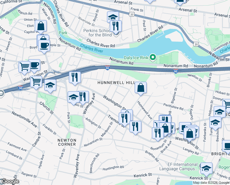 map of restaurants, bars, coffee shops, grocery stores, and more near 114 Grasmere Street in Newton