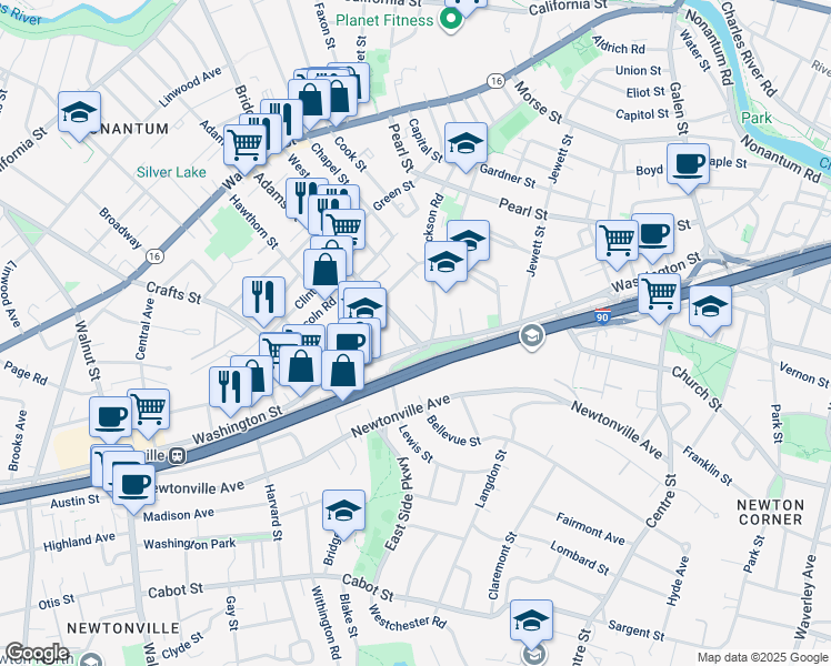 map of restaurants, bars, coffee shops, grocery stores, and more near in Newton