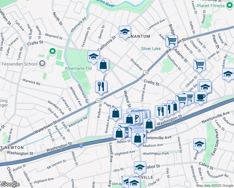 map of restaurants, bars, coffee shops, grocery stores, and more near in Newton