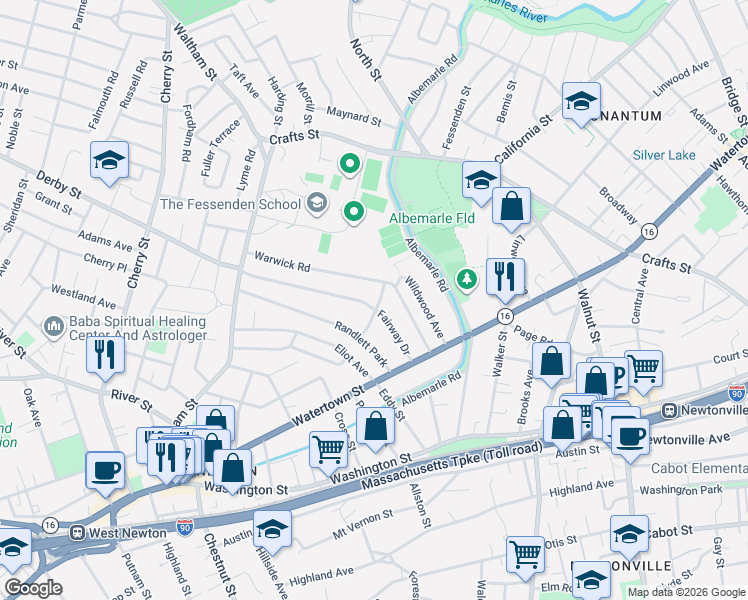 map of restaurants, bars, coffee shops, grocery stores, and more near 83 Fairway Drive in Newton