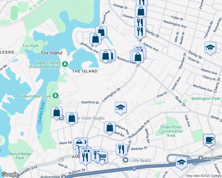 map of restaurants, bars, coffee shops, grocery stores, and more near 181 Lexington Street in Newton