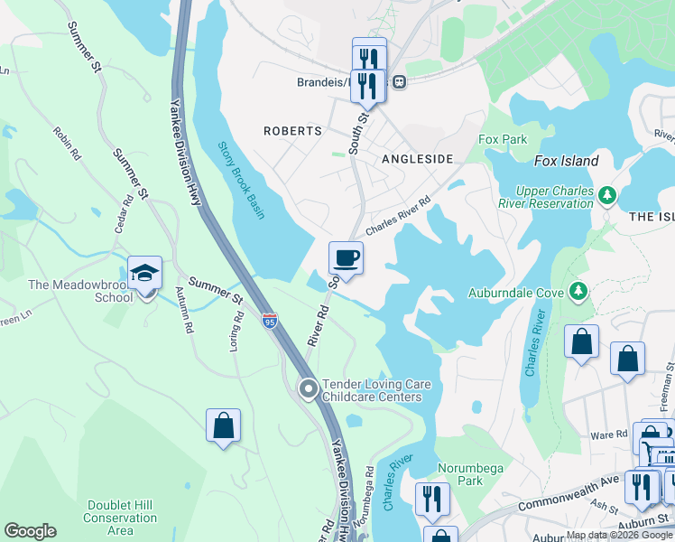 map of restaurants, bars, coffee shops, grocery stores, and more near 751 South Street in Waltham