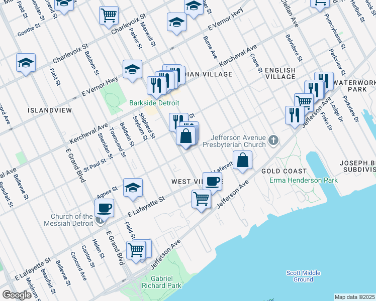 map of restaurants, bars, coffee shops, grocery stores, and more near 1415 Parker Street in Detroit