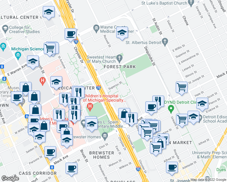 map of restaurants, bars, coffee shops, grocery stores, and more near 1081 Superior Street in Detroit