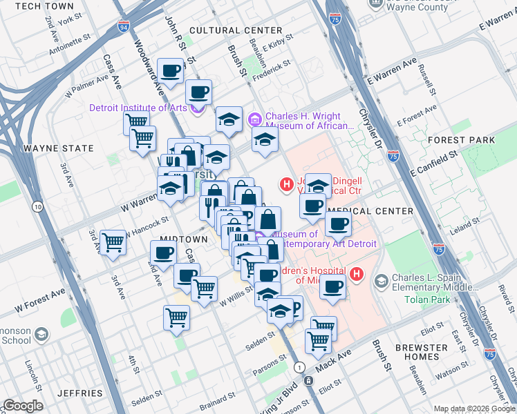 map of restaurants, bars, coffee shops, grocery stores, and more near 106 East Forest Avenue in Detroit