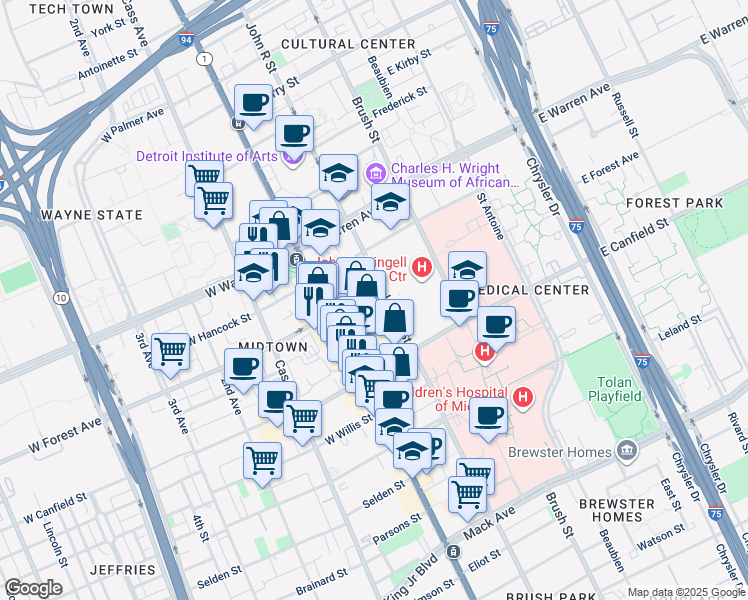 map of restaurants, bars, coffee shops, grocery stores, and more near 106 East Forest Avenue in Detroit