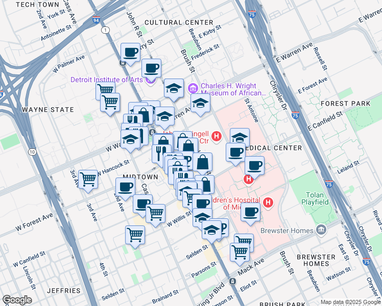 map of restaurants, bars, coffee shops, grocery stores, and more near 106 East Forest Avenue in Detroit