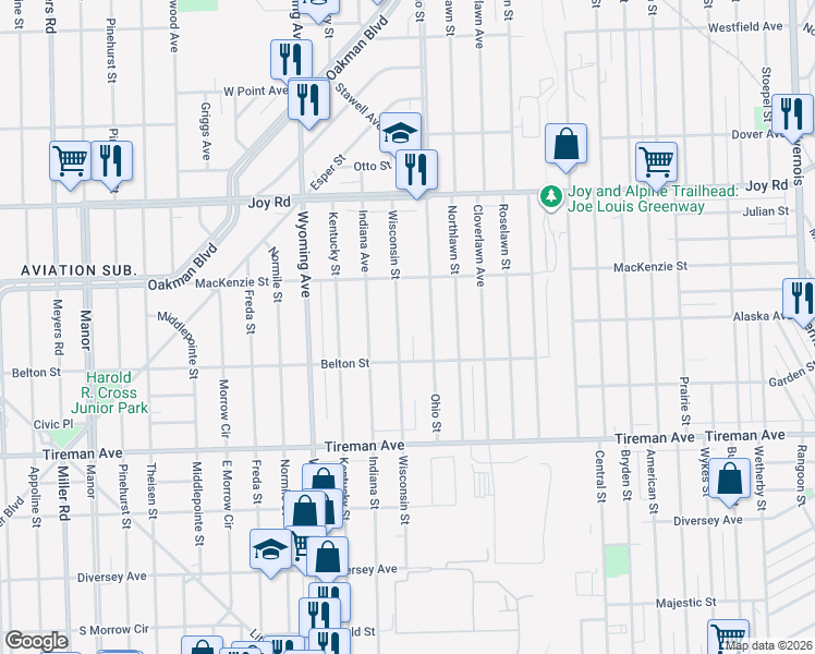 map of restaurants, bars, coffee shops, grocery stores, and more near 8284 Wisconsin Street in Detroit