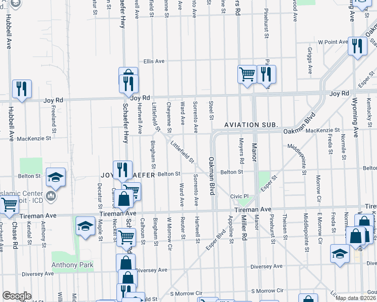 map of restaurants, bars, coffee shops, grocery stores, and more near 8346 Ward Avenue in Detroit