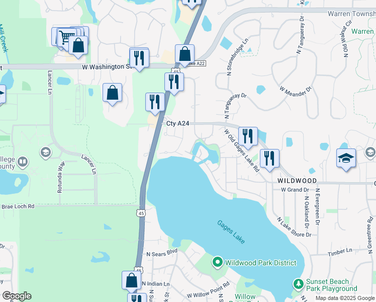 map of restaurants, bars, coffee shops, grocery stores, and more near 641 Shoreline Drive in Grayslake
