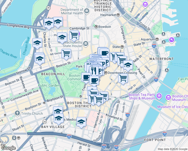map of restaurants, bars, coffee shops, grocery stores, and more near in Boston