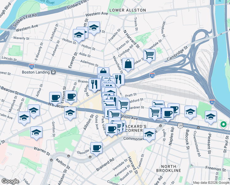 map of restaurants, bars, coffee shops, grocery stores, and more near 16 Highgate Street in Boston