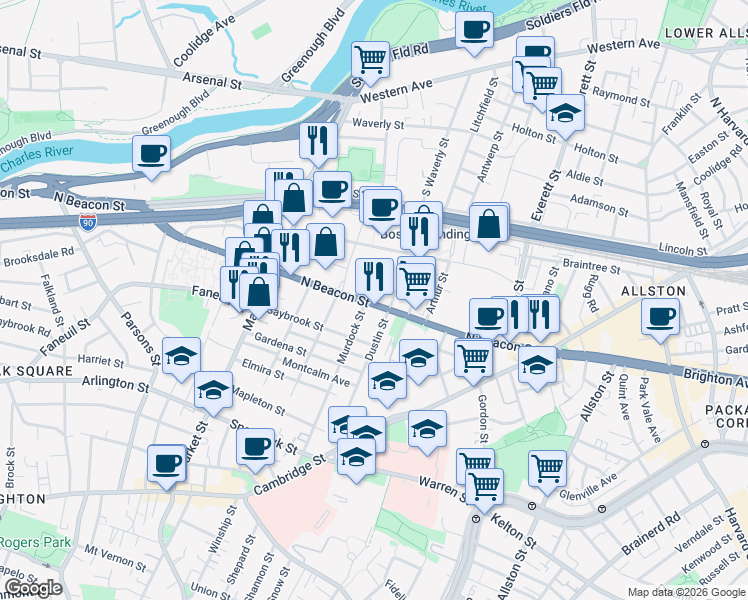 map of restaurants, bars, coffee shops, grocery stores, and more near 155-157 Murdock Street in Boston