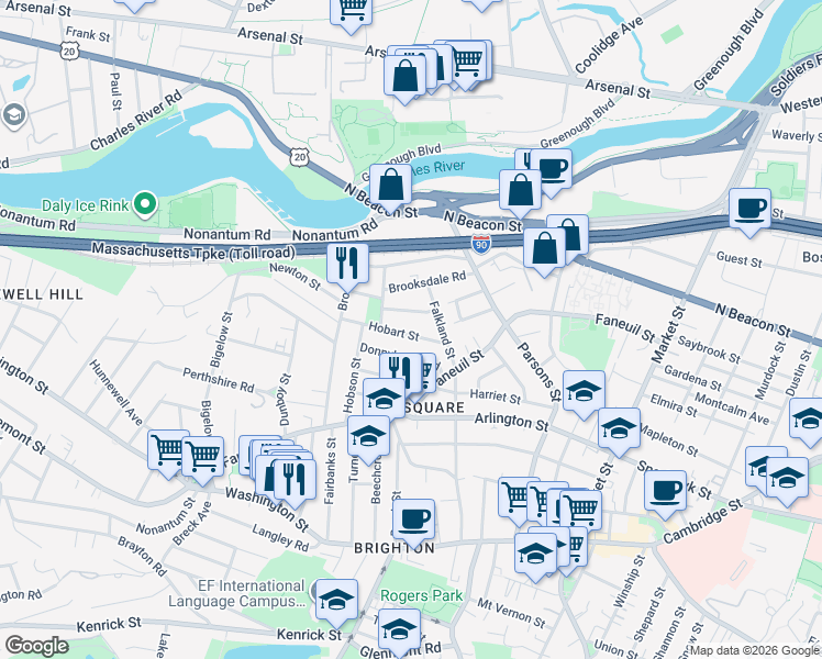map of restaurants, bars, coffee shops, grocery stores, and more near 20 Corinne Road in Boston