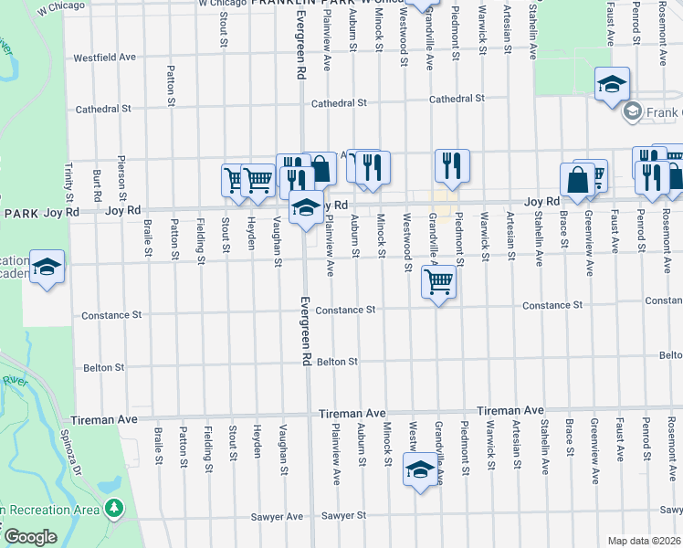 map of restaurants, bars, coffee shops, grocery stores, and more near 8509 Auburn Street in Detroit