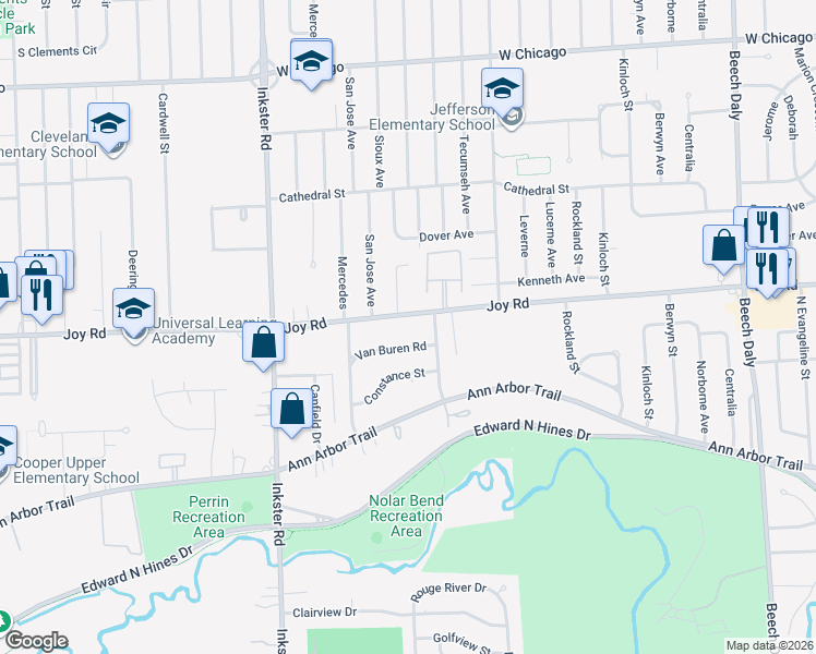 map of restaurants, bars, coffee shops, grocery stores, and more near 26841 Joy Road in Dearborn Heights
