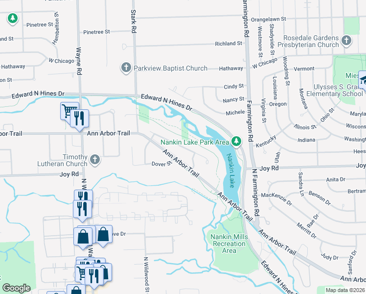 map of restaurants, bars, coffee shops, grocery stores, and more near 33908 Trillium Court in Livonia