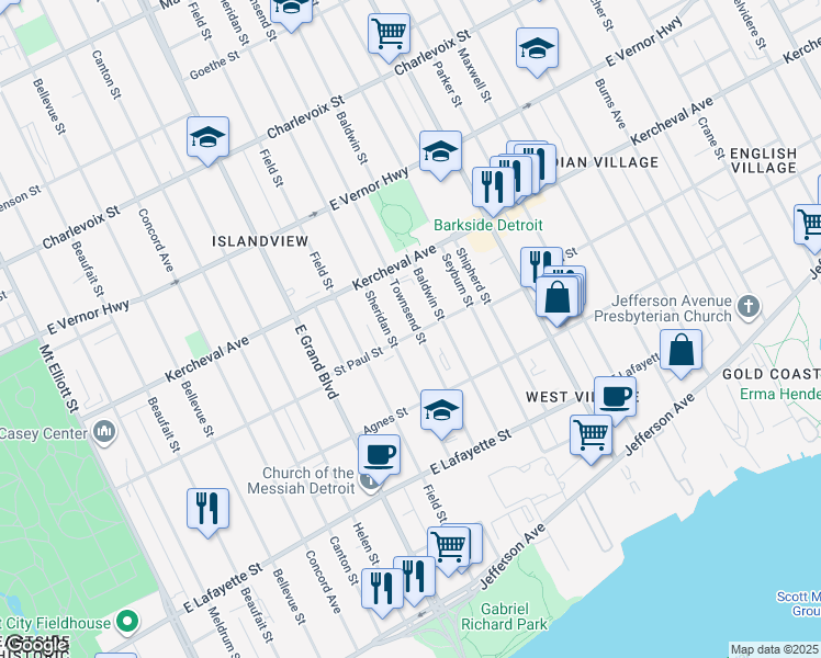 map of restaurants, bars, coffee shops, grocery stores, and more near 1709 Townsend Street in Detroit