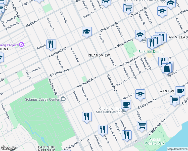 map of restaurants, bars, coffee shops, grocery stores, and more near 2142 Canton Street in Detroit