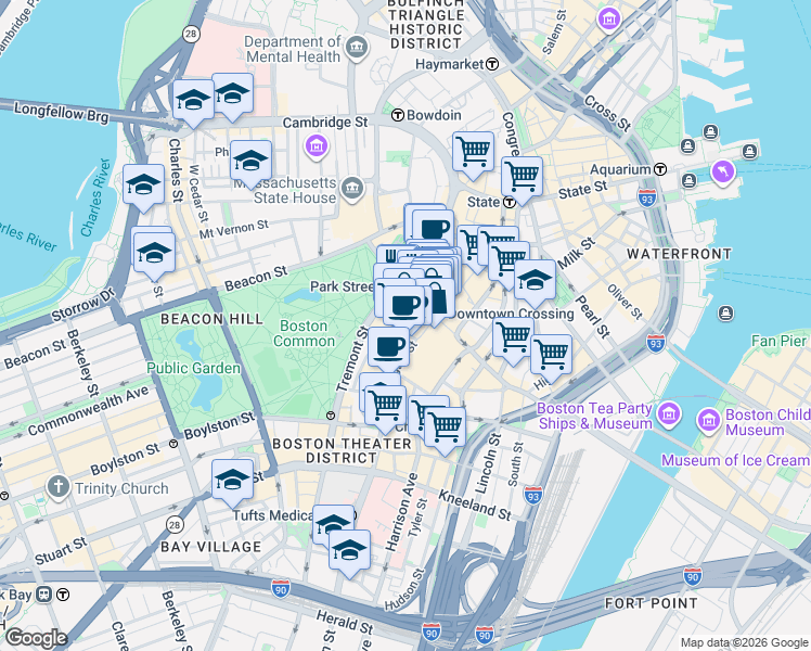 map of restaurants, bars, coffee shops, grocery stores, and more near 46 Temple Place in Boston