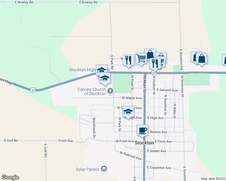 map of restaurants, bars, coffee shops, grocery stores, and more near 540 North Rush Street in Stockton