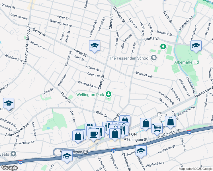 map of restaurants, bars, coffee shops, grocery stores, and more near 9 Kilburn Road in Newton