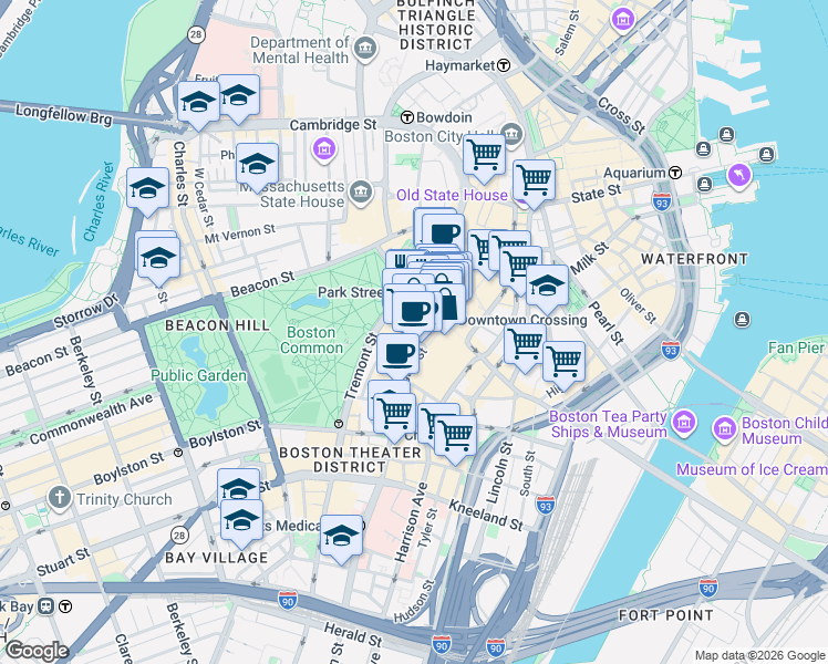map of restaurants, bars, coffee shops, grocery stores, and more near 450 Washington Street in Boston