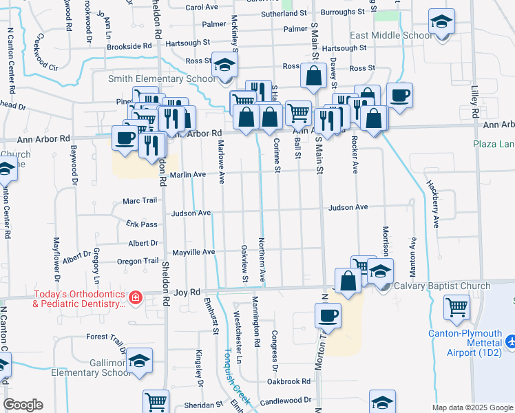 map of restaurants, bars, coffee shops, grocery stores, and more near 9225 Northern Avenue in Plymouth