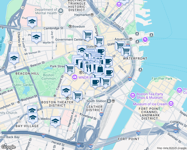 map of restaurants, bars, coffee shops, grocery stores, and more near 77 Franklin Street in Boston