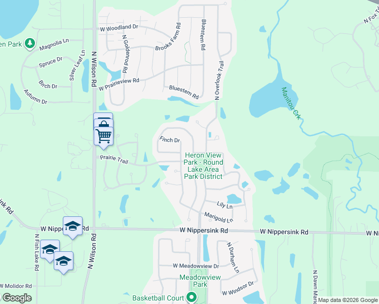 map of restaurants, bars, coffee shops, grocery stores, and more near 383 Finch Drive in Round Lake