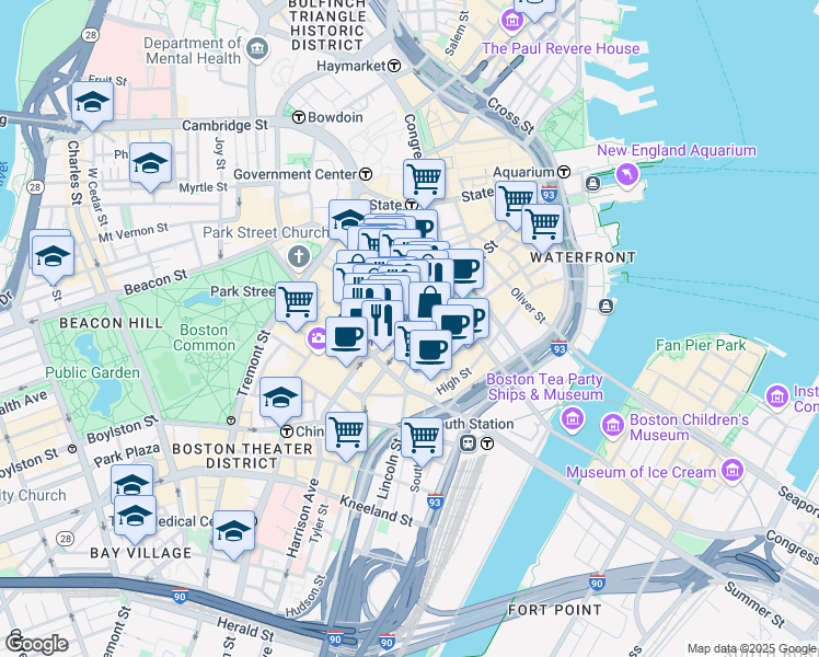 map of restaurants, bars, coffee shops, grocery stores, and more near 20 Winthrop Square in Boston