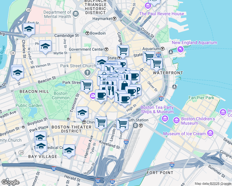 map of restaurants, bars, coffee shops, grocery stores, and more near 20 Winthrop Square in Boston