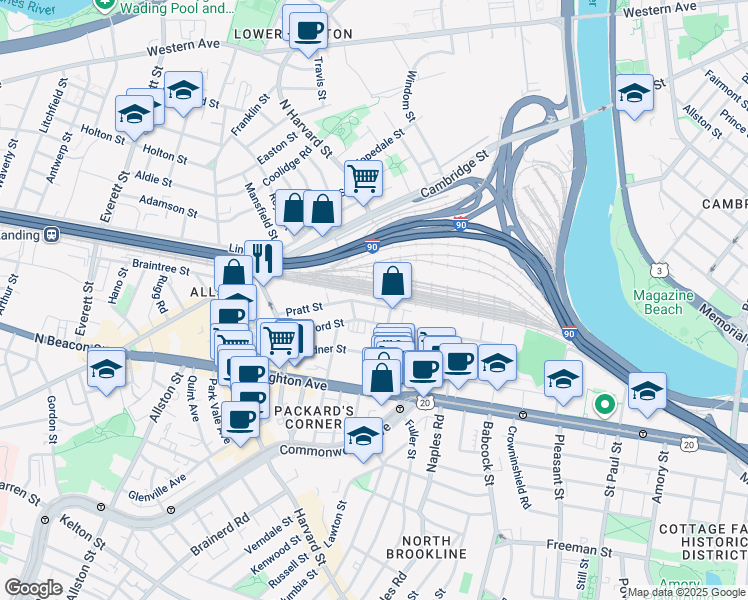 map of restaurants, bars, coffee shops, grocery stores, and more near 4 Wadsworth Street in Boston
