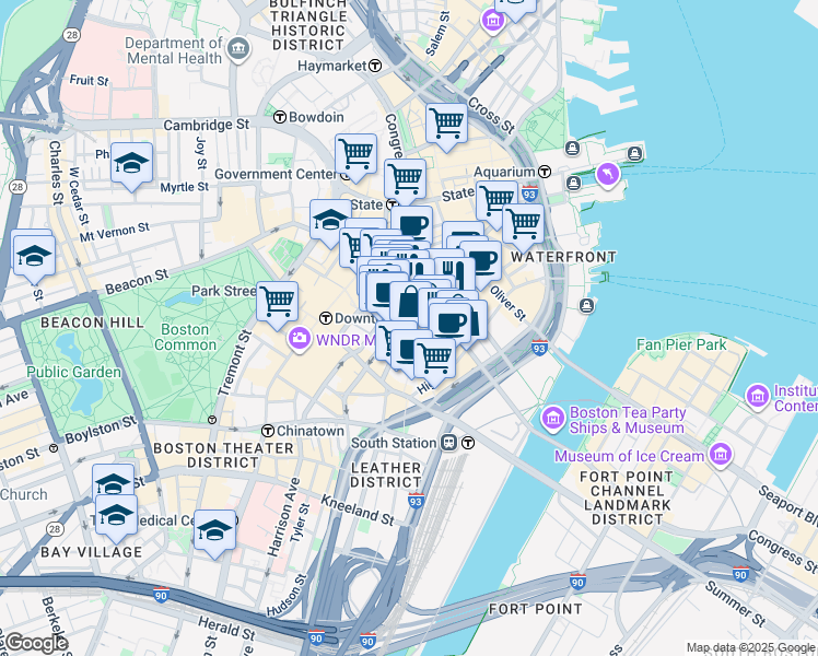 map of restaurants, bars, coffee shops, grocery stores, and more near 70 Federal Street in Boston