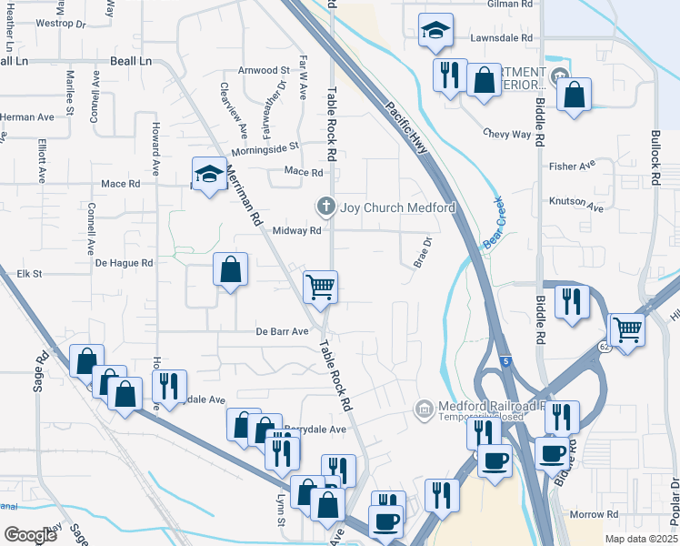 map of restaurants, bars, coffee shops, grocery stores, and more near 2620 Table Rock Road in Medford