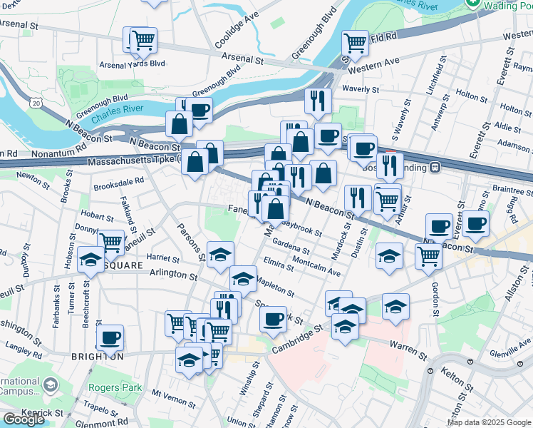 map of restaurants, bars, coffee shops, grocery stores, and more near 27 Faneuil Street in Boston