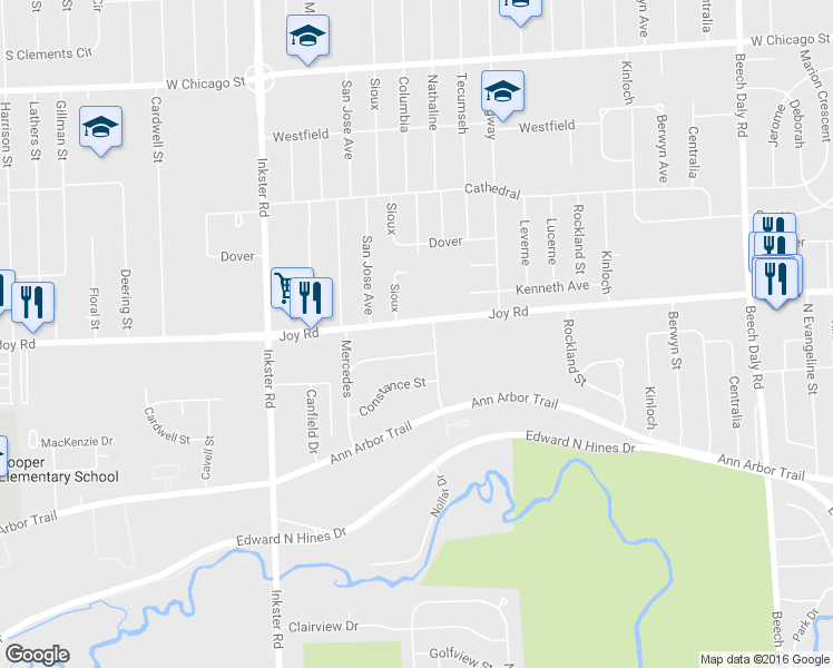 map of restaurants, bars, coffee shops, grocery stores, and more near 26841 Joy Rd in Dearborn Heights