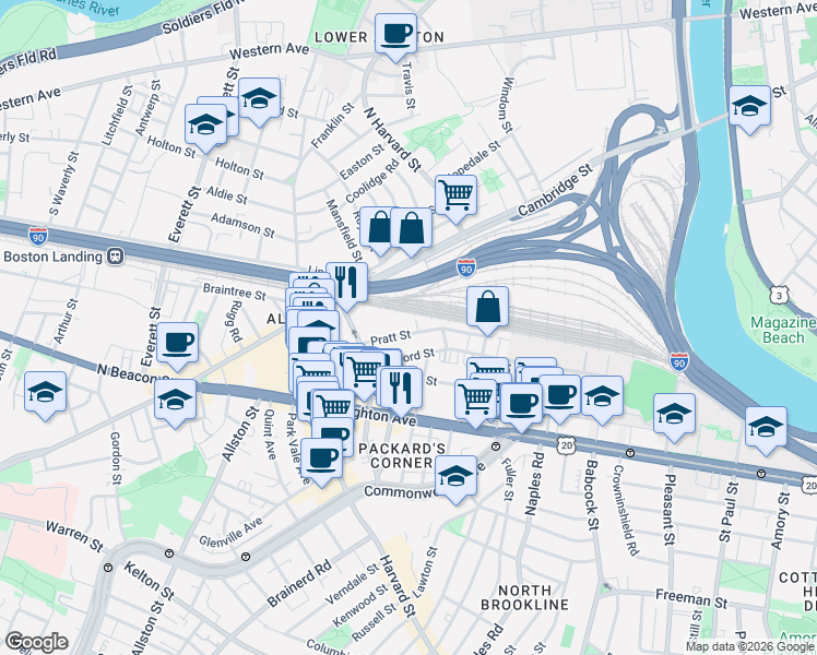 map of restaurants, bars, coffee shops, grocery stores, and more near 34R Pratt Street in Boston