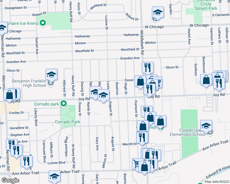map of restaurants, bars, coffee shops, grocery stores, and more near 8888 Louise Street in Livonia