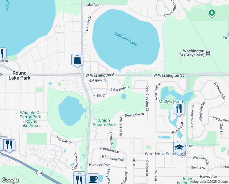 map of restaurants, bars, coffee shops, grocery stores, and more near 187 East Big Horn Drive in Grayslake