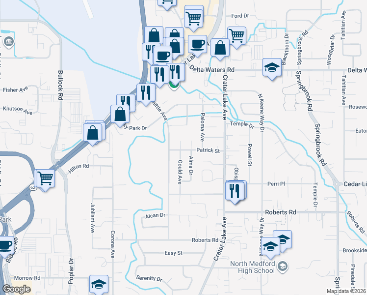 map of restaurants, bars, coffee shops, grocery stores, and more near 2544 Gould Avenue in Medford