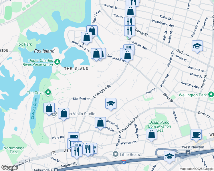 map of restaurants, bars, coffee shops, grocery stores, and more near 163 Lexington Street in Newton