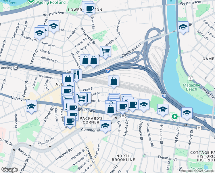 map of restaurants, bars, coffee shops, grocery stores, and more near 4 Wadsworth Street in Boston